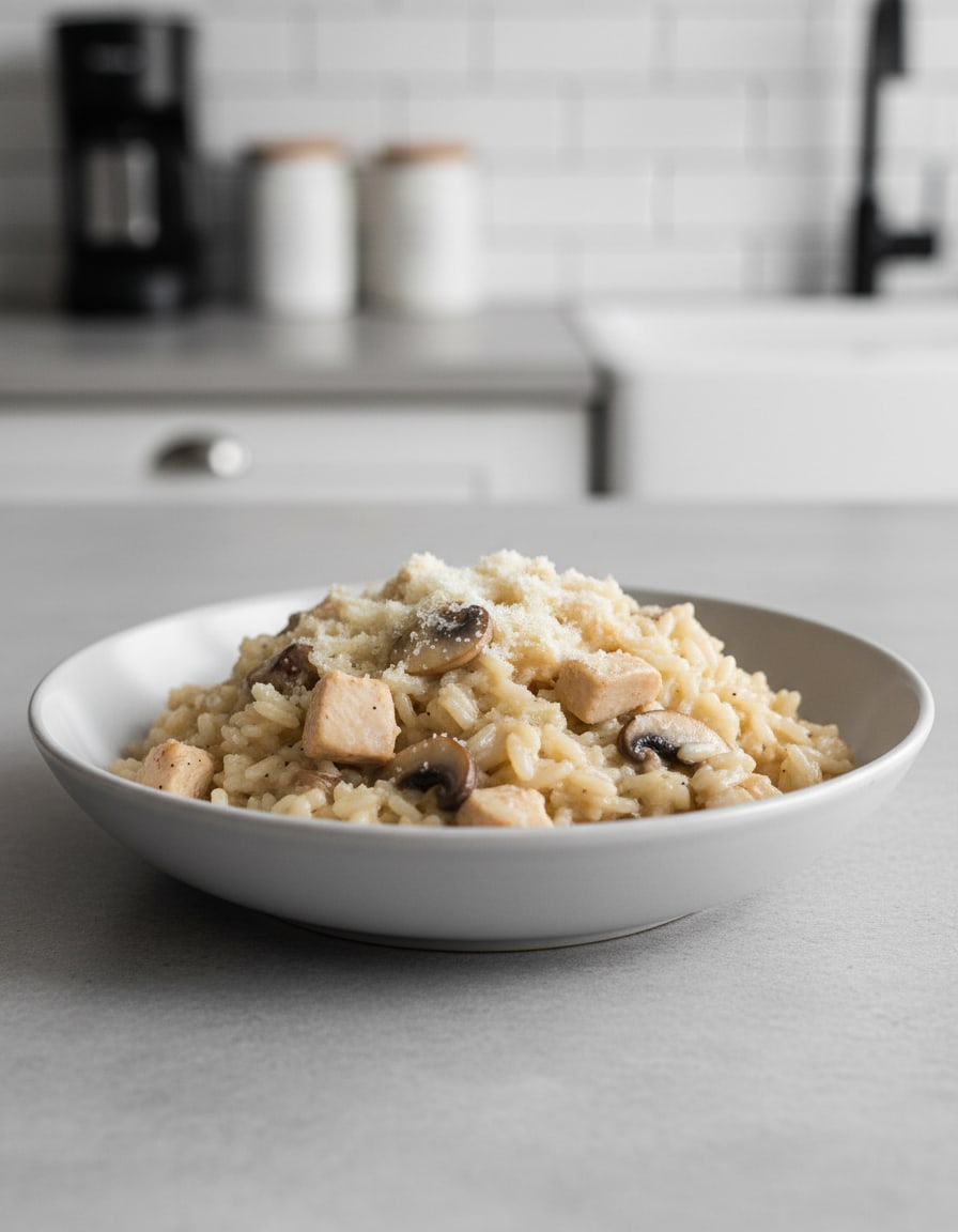 Risotto de pollo y champiñones